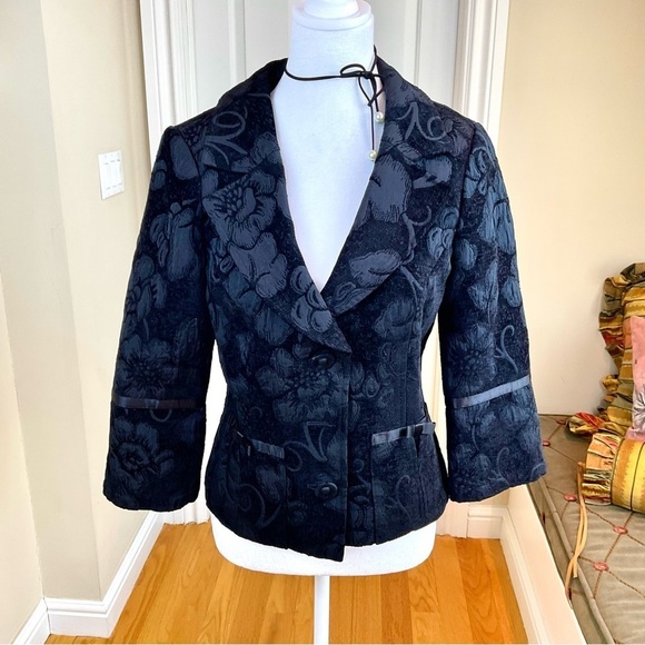 Arden B Blazer in Black Damask Fitted with Satin Bows on Pockets and Sleeves (8) - Picture 1 of 7
